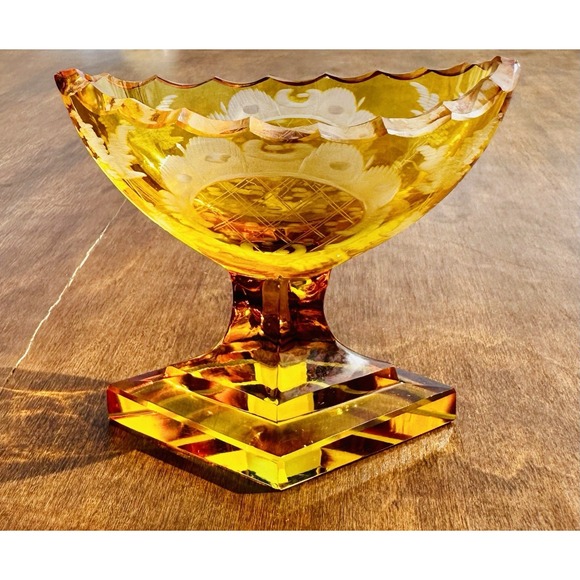 Bohemian Folk Other - Antique Bohemian Amber Cut Clear Crystal Pedestal Salt Cellar Bowl Etched Art